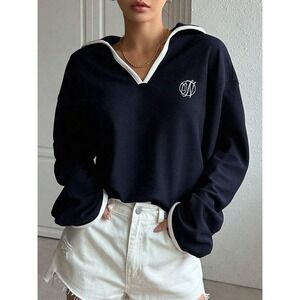 DAZY Letter Embroidery Contrast Collar Drop Shoulder Sweatshirt top Women M Navy